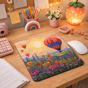 Farbiger Heißluftballon Wildblumen Sonnenuntergang Mousepad