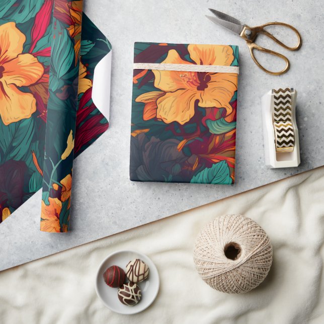 Farbiger Hibiskus, gelb-orange-grüne Blüte Geschenkpapier (Kunsthandwerk)