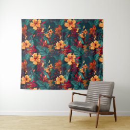 Farbiger Hibiskus, gelb-orange-grüne Blüte Wandteppich