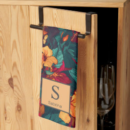 Farbiger Hibiskus mit Monogramm und Name, floral Geschirrtuch