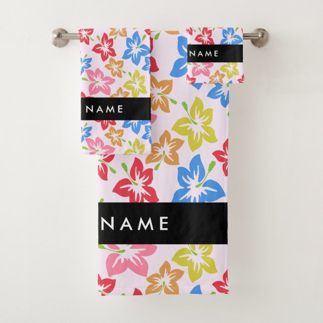 Farbiger Hibiskus, Muster von Blume, Ihr Name Badhandtuch Set (Insitu)