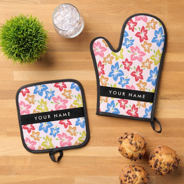 Farbiger Hibiskus, Muster von Blume, Ihr Name Ofenhandschuh & Topflappen-Set (Oben Unten)