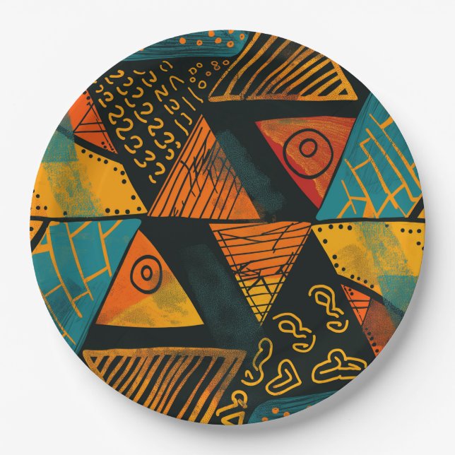 Farbiger Hintergrund mit afrikanischen Motiven Pappteller (Vorderseite)