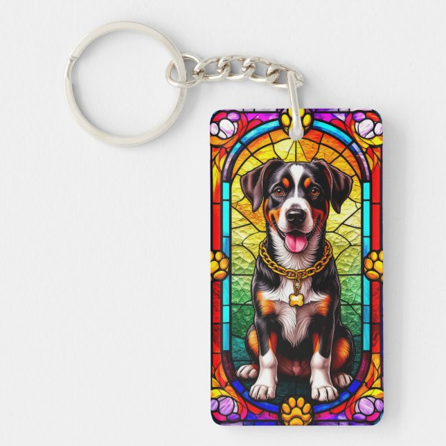 Farbiger Hund mit vergoldetem Glas Schlüsselanhänger (Vorderseite)