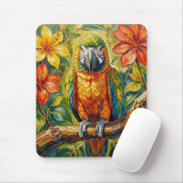 Farbiger Impasto-Papagei und tropische Blume Mousepad