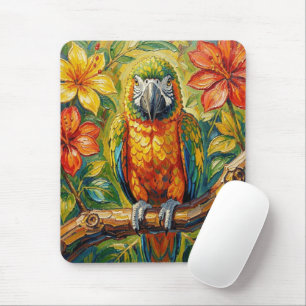 Farbiger Impasto-Papagei und tropische Blume Mousepad