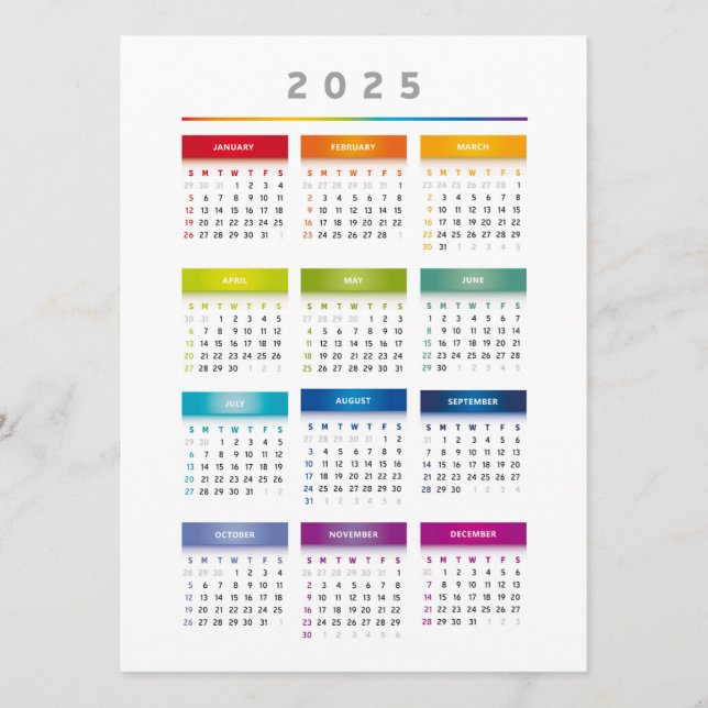 Farbiger Kalender 2025 - Rainbow Colors 3 Spalten Menükarte (Vorderseite)