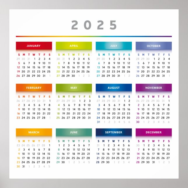Farbiger Kalender 2025 - Rainbow Colors 3 Spalten Poster (Vorne)