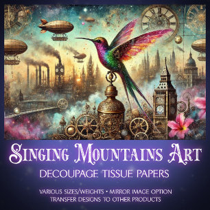 Farbiger Kolibri-Steampunk-Himmel-Decoupage Seidenpapier