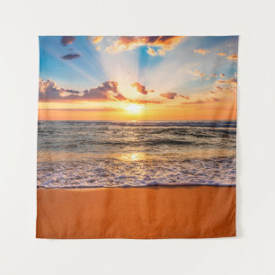 Farbiger Meerestrand Sonnenaufgang mit tiefblauem  Wandteppich