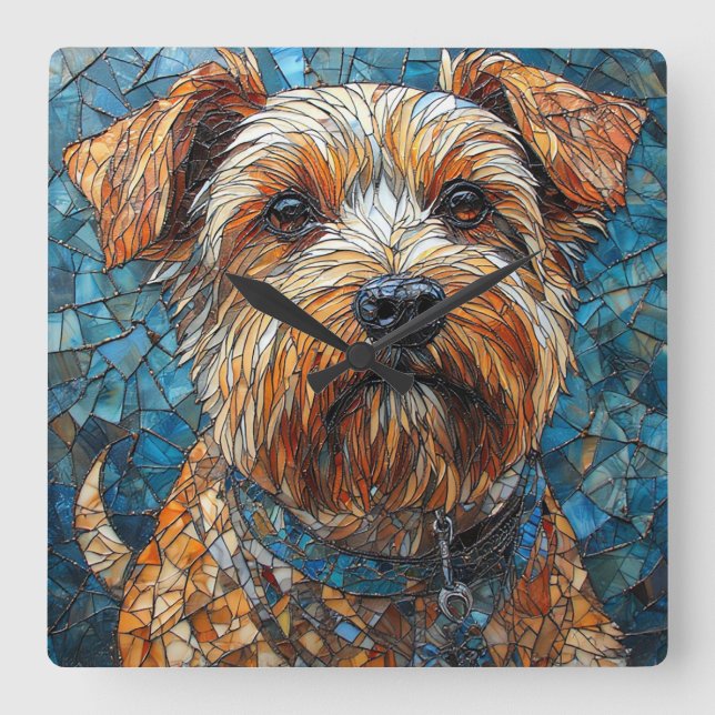 Farbiger Mosaikhund Quadratische Wanduhr (Vorderseite)