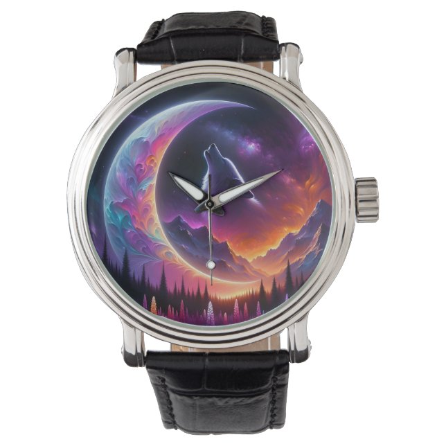 Farbiger Nachthimmel Wolf heult Halbmond Armbanduhr (Vorderseite)