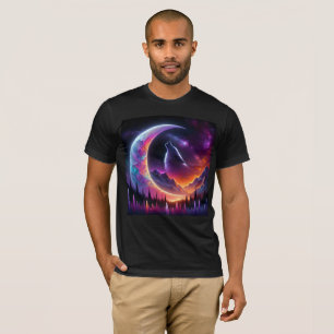 Farbiger Nachthimmel Wolf heult Halbmond T-Shirt