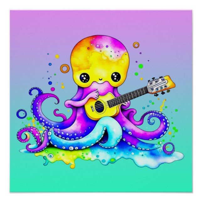 Farbiger Oktopus Gitarre spielen Poster (Vorderseite)
