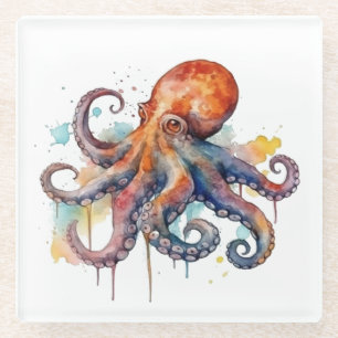 farbiger Oktopus in Aquarellfarbe große Augen Glasuntersetzer