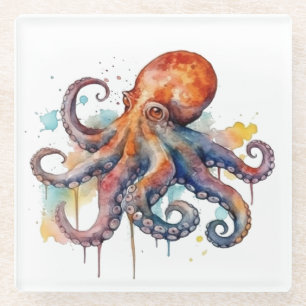 farbiger Oktopus in Wasserfarbe große Augen Glasuntersetzer