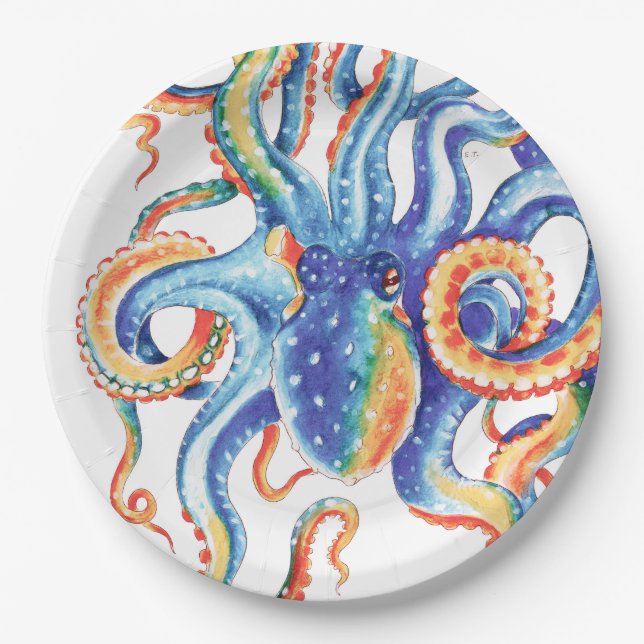 Farbiger Oktopus Wasserfarben Kunst, Dichtung und  Pappteller (Vorderseite)