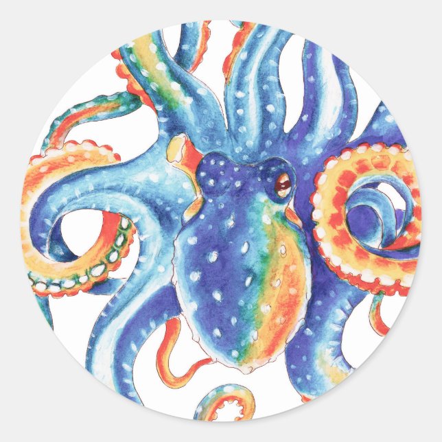 Farbiger Oktopus Wasserfarben Kunst, Dichtung und  Runder Aufkleber (Vorderseite)