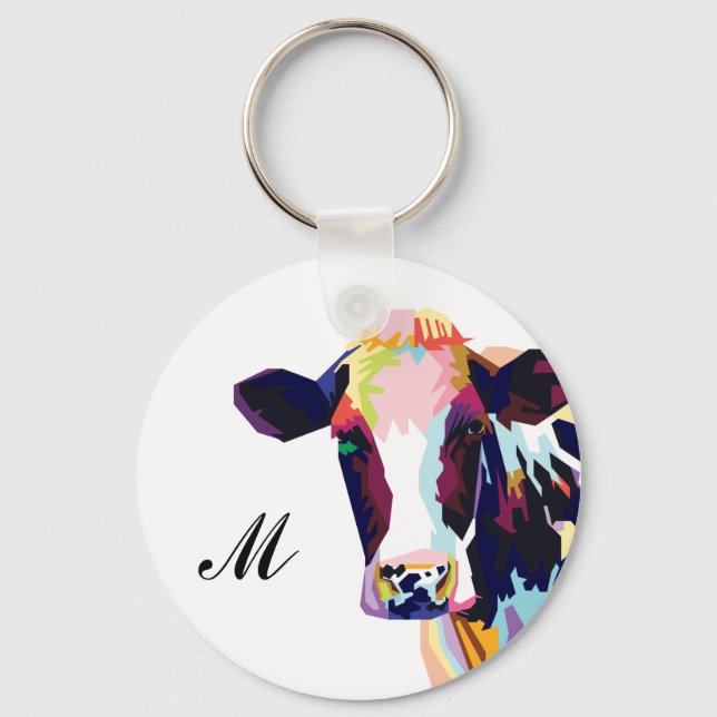 Farbiger Pop Art Kuh Mit Monogramm Schlüsselanhänger (Vorderseite)