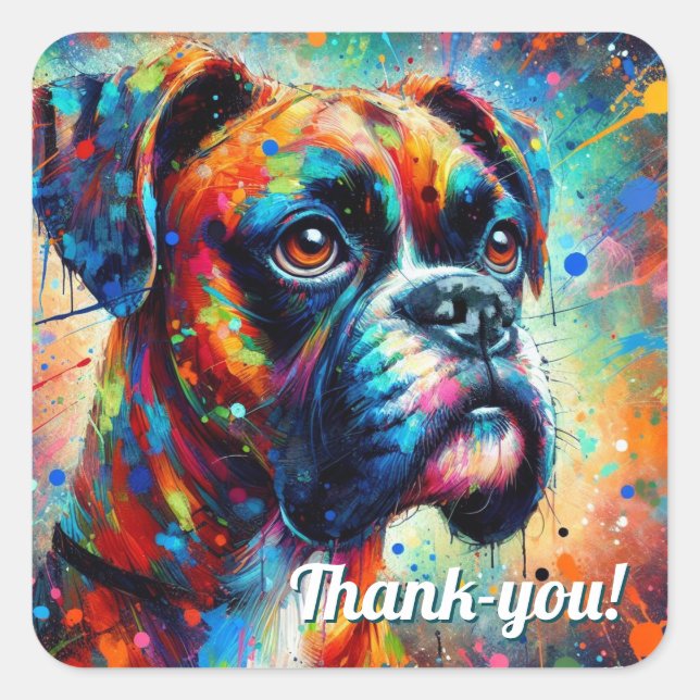 Farbiger Pop Boxer Dog Grün Blau Aquamarin Gelb Quadratischer Aufkleber (Vorderseite)