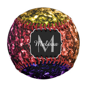 Farbiger Rainbow-Glitzer-Funkel Monogram-Name Baseball