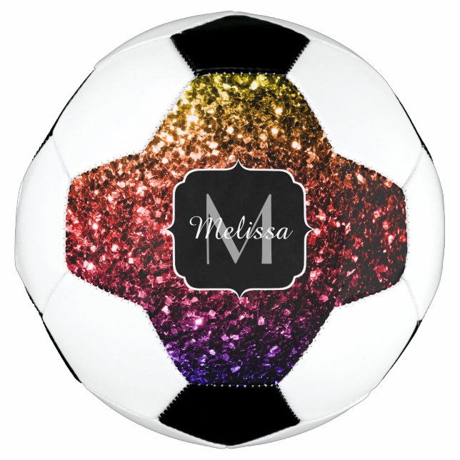 Farbiger Rainbow-Glitzer-Funkel Monogram-Name Fußball (Vorderseite)