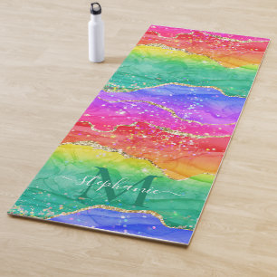 Farbiger Regenbogen Glitter Gold Achat Monogramm Yogamatte