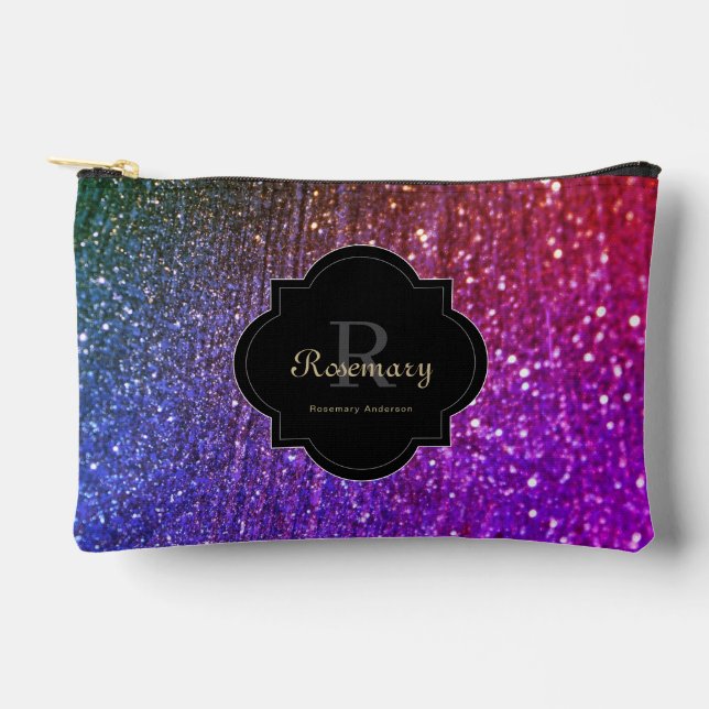 Farbiger Regenbogen Glitterfunkel Monogramm  Zubehörtasche (Vorderseite)