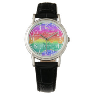 Farbiger Regenbogen-Glitzer Gold Agate Monogram Armbanduhr