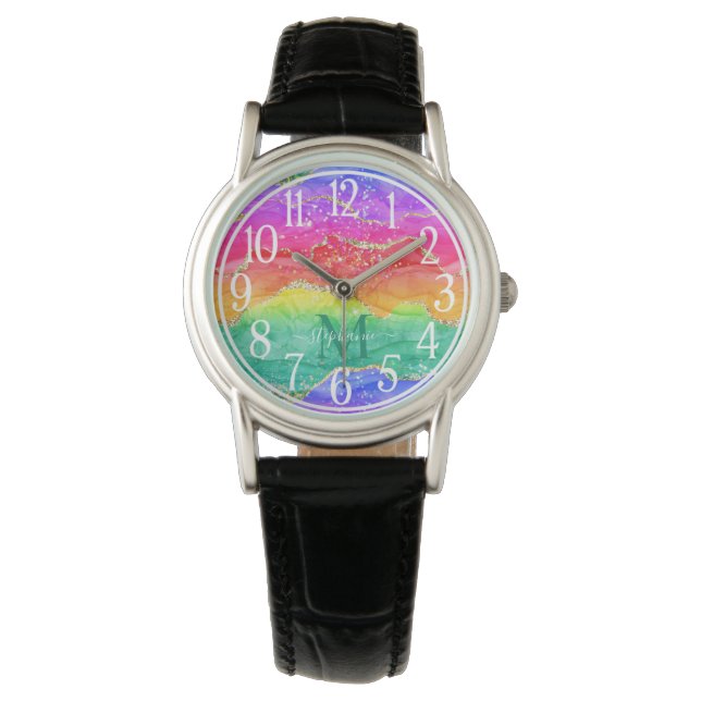 Farbiger Regenbogen-Glitzer Gold Agate Monogram Armbanduhr (Vorderseite)