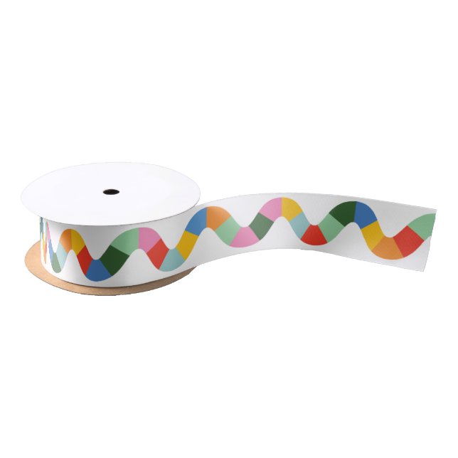 Farbiger Regenbogen-Karo Wavy Line und White Line Satinband (Spule)