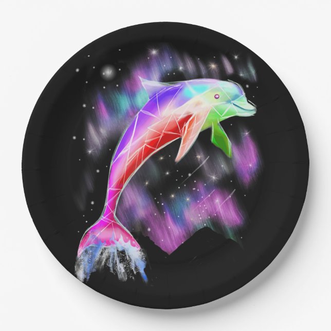 Farbiger Regenbogen Rosa Delphin Ocean Galaxy Raum Pappteller (Vorderseite)