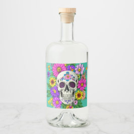farbiger Schädel mit Blume Alkoholflaschenetikett