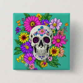 farbiger Schädel mit Blume Button