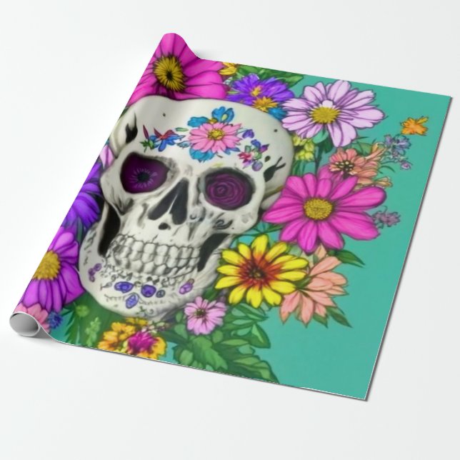farbiger Schädel mit Blume Geschenkpapier (Ungerollt)
