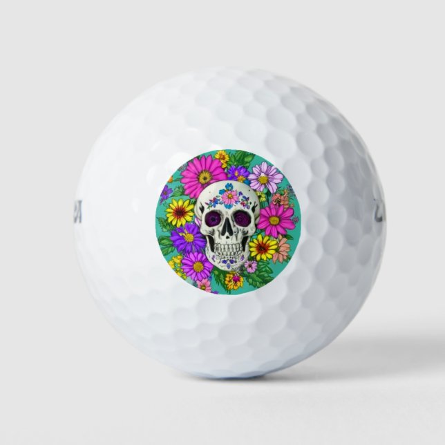 farbiger Schädel mit Blume Golfball (Vorderseite)