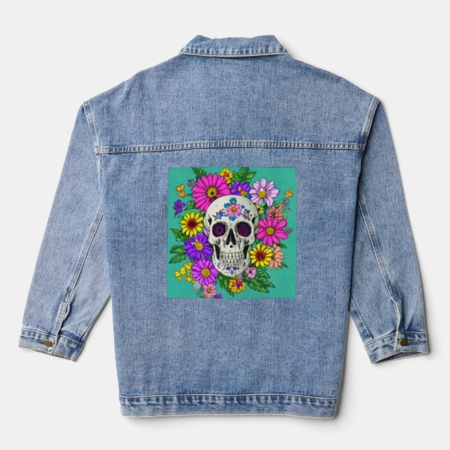 farbiger Schädel mit Blume Jeansjacke (Rückseite)