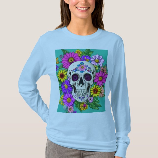 farbiger Schädel mit Blume T - Shirt (Vorderseite)
