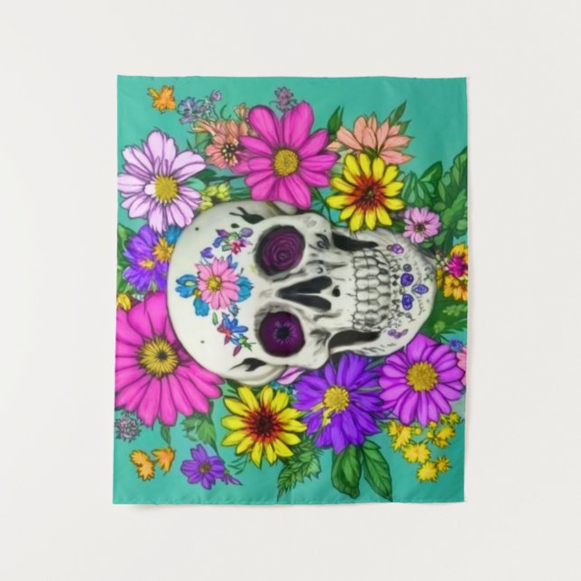 farbiger Schädel mit Blume Tapisserie Wandteppich (Vorderseite)