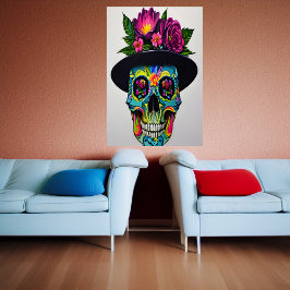 Farbiger Schädel mit Hut und Blume | Art der AI Poster