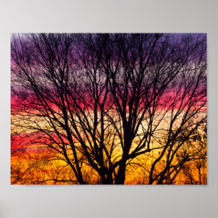 Farbiger Sonnenuntergang mit einem silhouettierten Poster