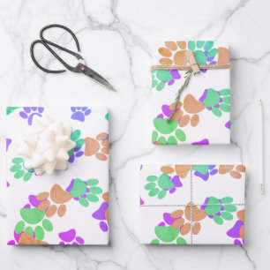 Farbiger Spiralhund Pawprint Geschenkpapier Set