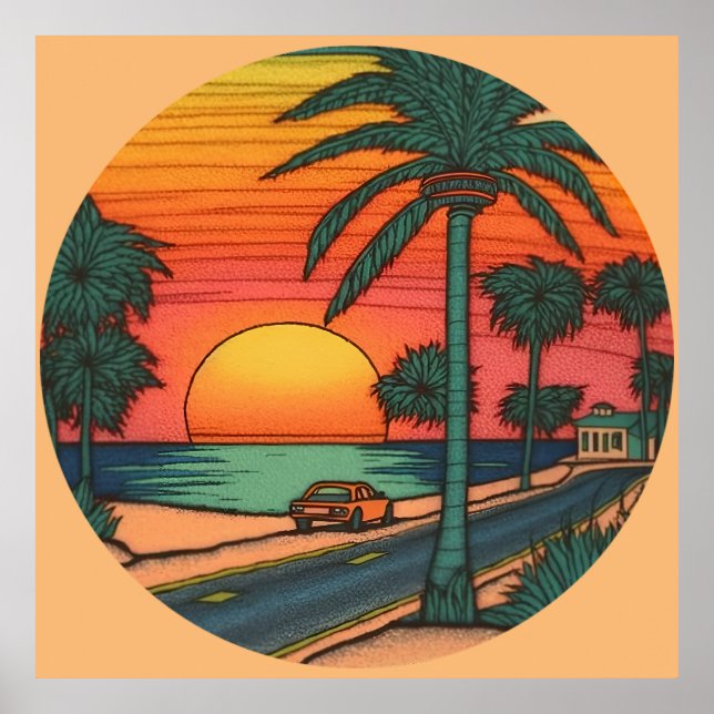 Farbiger Stift aus einem runden Sonnenuntergang am Poster (Vorne)