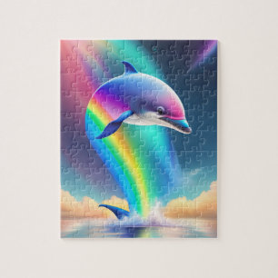 Farbiger süßer Delfin mit Regenbogen und Neonlicht