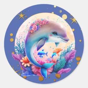 Farbiger süßer Delfin und goldener Stern Runder Aufkleber