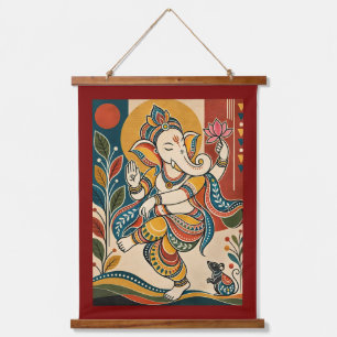 Farbiger tanzender Ganesha - Indische Volks-Tribal Wandteppich Mit Holzrahmen