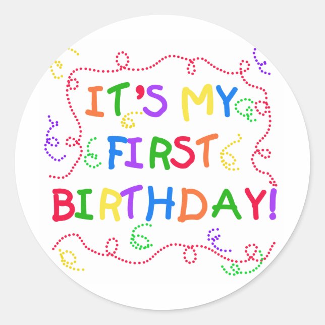 Farbiger Text ist mein erster Geburtstag Runder Aufkleber (Vorderseite)