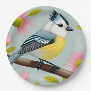 Farbiger Vogel auf Ast gerahmt mit Blumen Pappteller