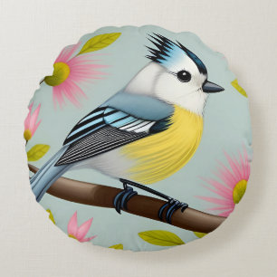 Farbiger Vogel auf Ast gerahmt mit Blumen Rundes Kissen