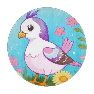Farbiger Vogel auf Ast gerahmt mit Blumen Schneidebrett